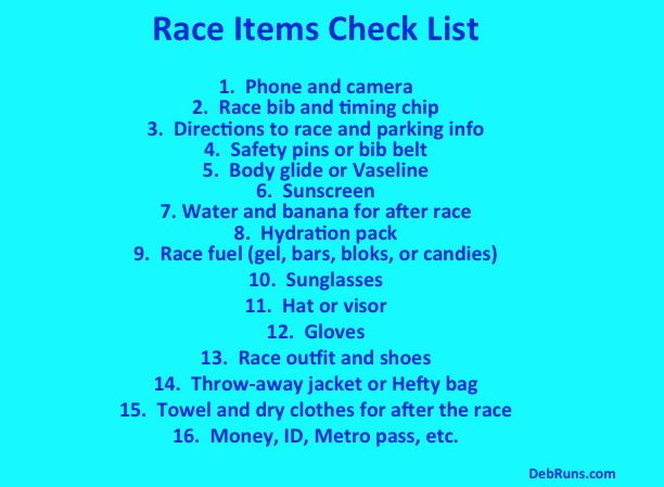Race Preparation:  Race Items Check List
